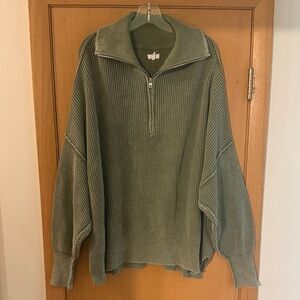 aerie Olive Green Quarter-Zip Ribbed Sweater